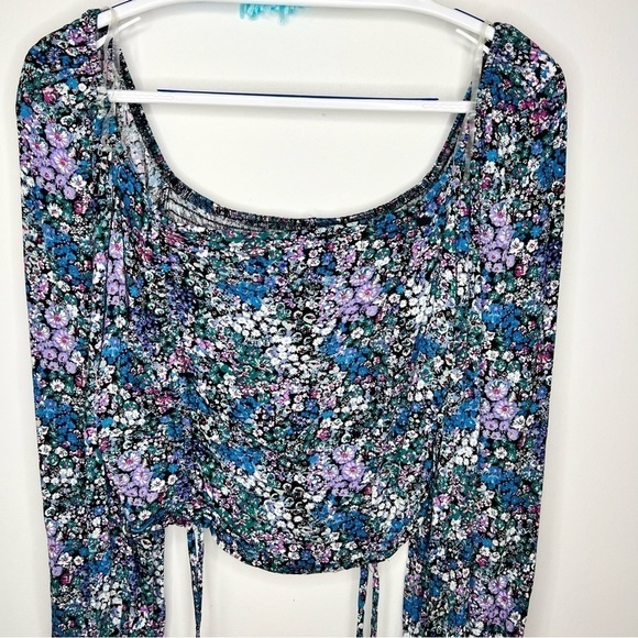 Wild Fable Square Neck Cottagecore Ditsy Blue Purple Drawstring Cropped Blouse - Picture 6 of 15